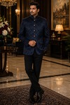 Chaqueta Nehru azul acero estampada fiesta