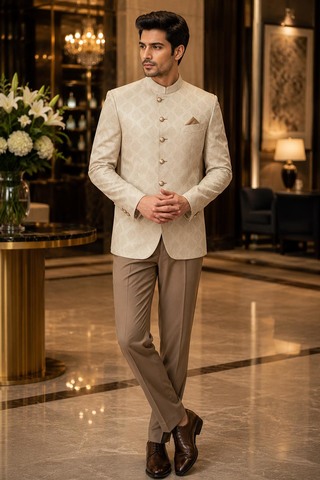 Mens Beige Jacquard Jodhpuri Jacket 1 Pc Designer Wedding Nehru Blazer