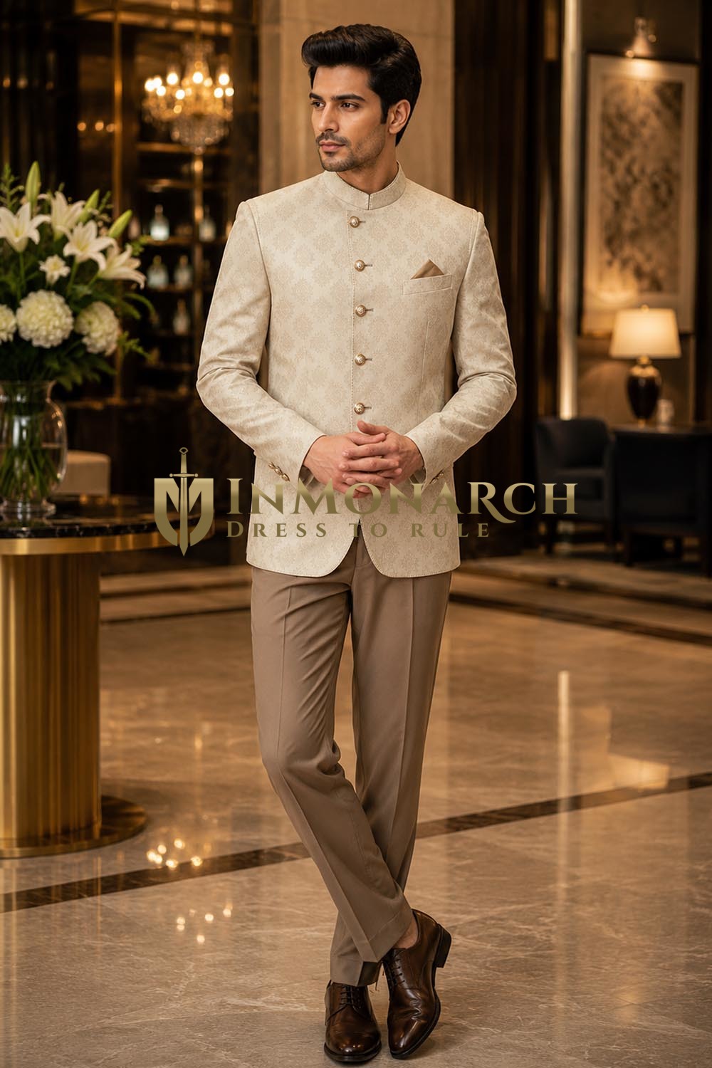 Veste mandarin beige mariage homme