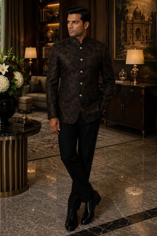 Mens Brown Velvet Jodhpuri Jacket 1 Pc Paisley Nehru Collar Evening Coat