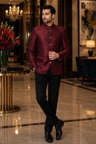 Mens Maroon Dupion Jodhpuri Jacket 1 Pc Nehru Collar Wedding Evening Coat