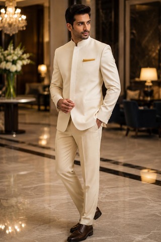 Mens Ivory Polyester Jodhpuri Suit 2 Pc Nehru Collar Wedding Formal Wear