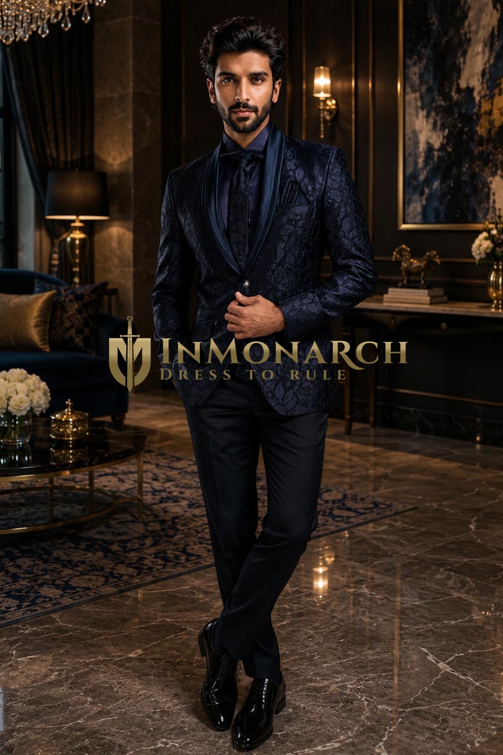 Mens Navy Shawl Lapel Tuxedo Suit 5 Pc Formal Wedding Dinner Outfit Set