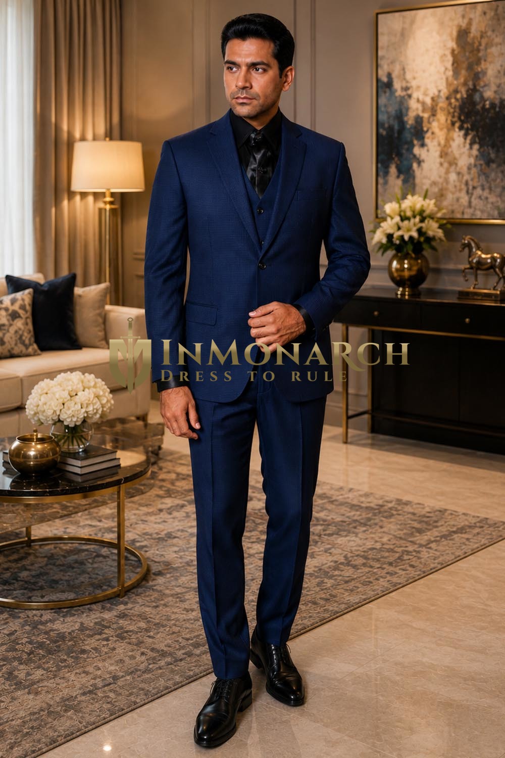 Mens Navy Blue Notch Lapel Tuxedo Suit 4 Pc Formal Wedding Party Wear