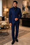 Mens Navy Blue Notch Lapel Tuxedo Suit 4 Pc Formal Wedding Party Wear