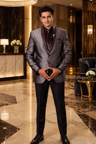 Mens Gray Peak Lapel Tuxedo Suit 7 Pc Reception Wedding Formal Wear