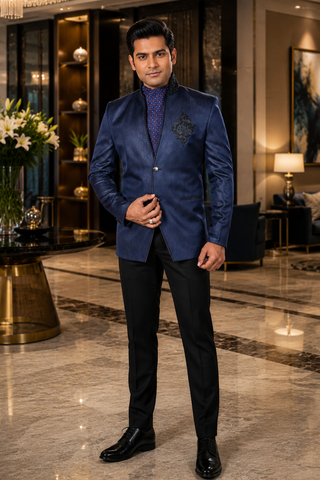 Mens Navy Blue Embroidered Blazer 1 Pc Wedding Groomsmen Formal Jacket