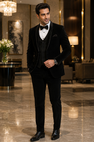 Mens Black 6 Pc Tuxedo Suit Unique Look One Button