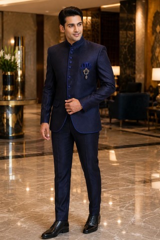 Mens Navy Bandhgala Suit 4 Pc Wedding Nehru Collar Formal Wear