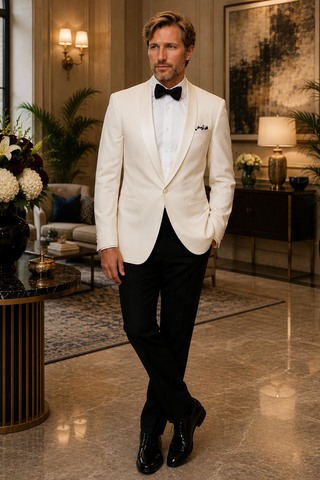 Mens Ivory Shawl Lapel Tuxedo Suit 5 Pc Wedding Formal Dinner Wear