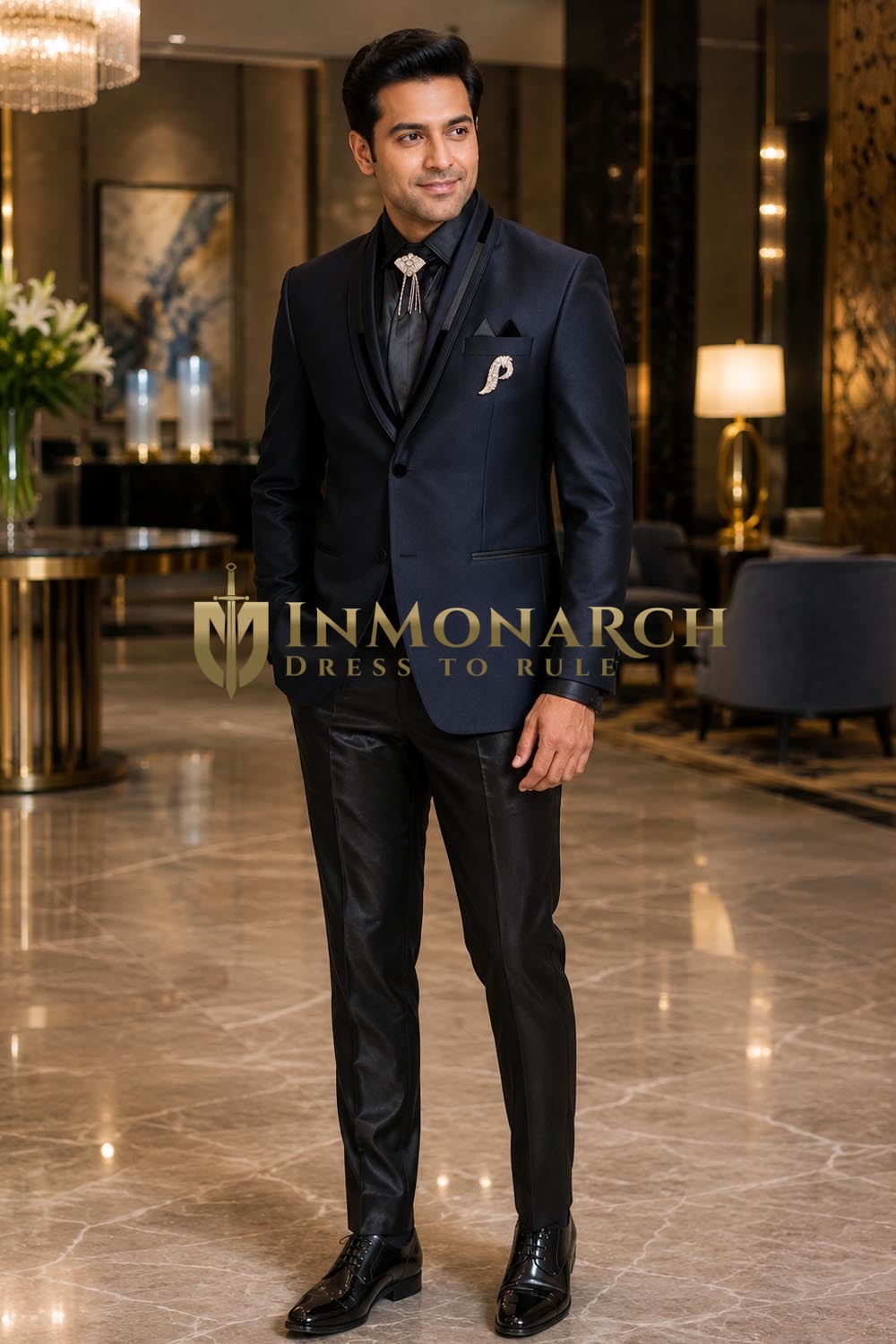 Navy Blue Two Button Wedding Tuxedo Suit 2 Pc with Black Trouser