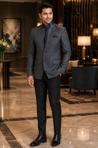 Gray Designer Jodhpuri Suit 3 Pc with Black Trouser for Formal Events