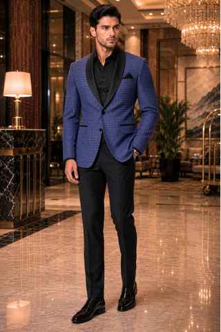 Mens Steel Blue 2 Button Blazer with Black Shawl Collar