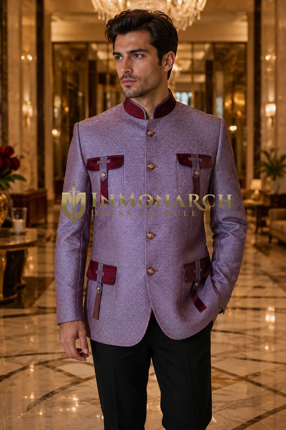 Traje Nehru rosa de caza 5 botones