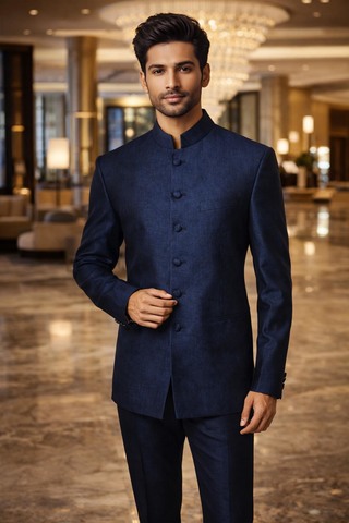 Costume Nehru bleu marine en lin