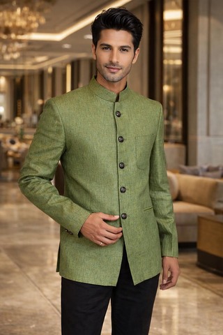 Costume Nehru vert lin 5 boutons