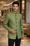 Costume Nehru vert lin 5 boutons