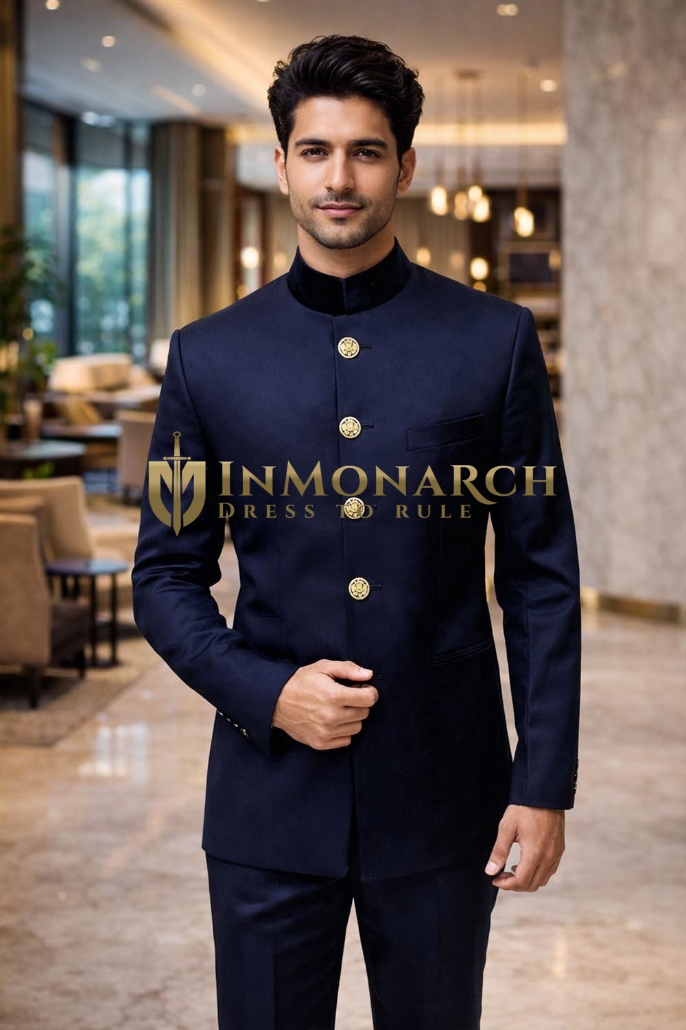 Mens Rich Navy Blue Nehru Collar 2pc Suit Classic Wedding Outfit Wear