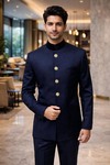 Mens Rich Navy Blue Nehru Collar 2pc Suit Classic Wedding Outfit Wear