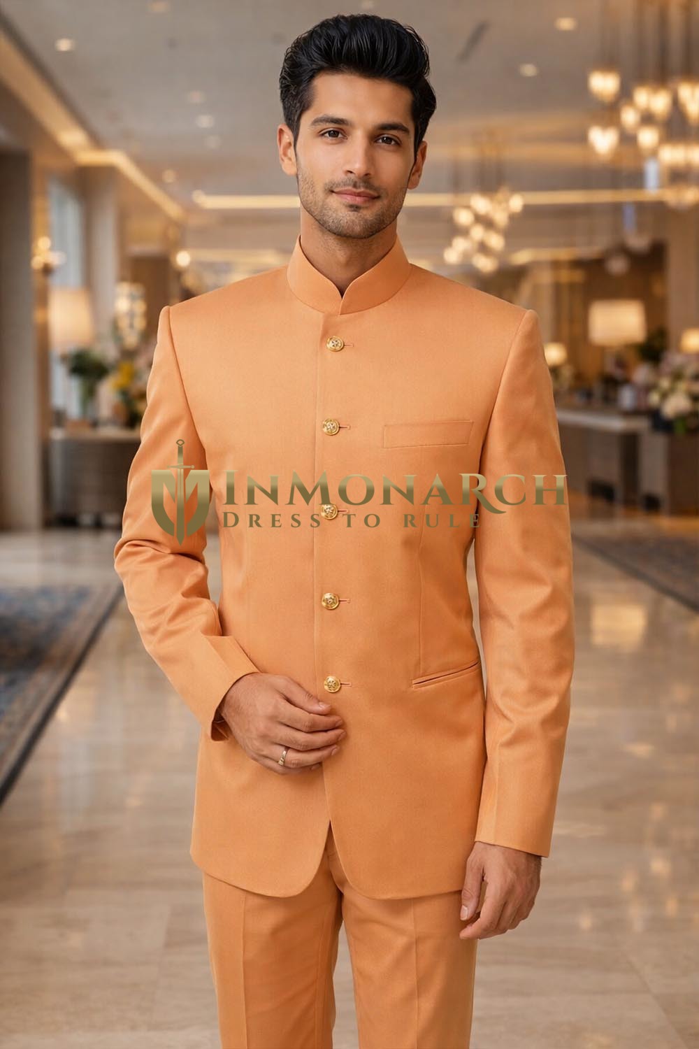 Mens Orange Nehru Collar 2pc Suit Traditional Wedding Attire for Groom