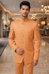 Mens Orange Nehru Collar 2pc Suit Traditional Wedding Attire for Groom