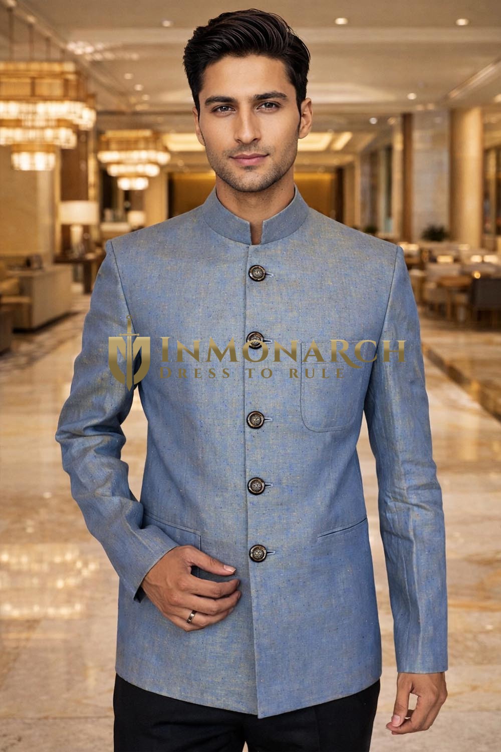 Traje Nehru azul lino elegante