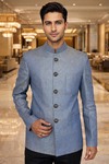 Traje Nehru azul lino elegante