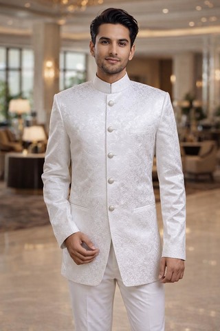 Costume Nehru blanc élégant 2 pièces