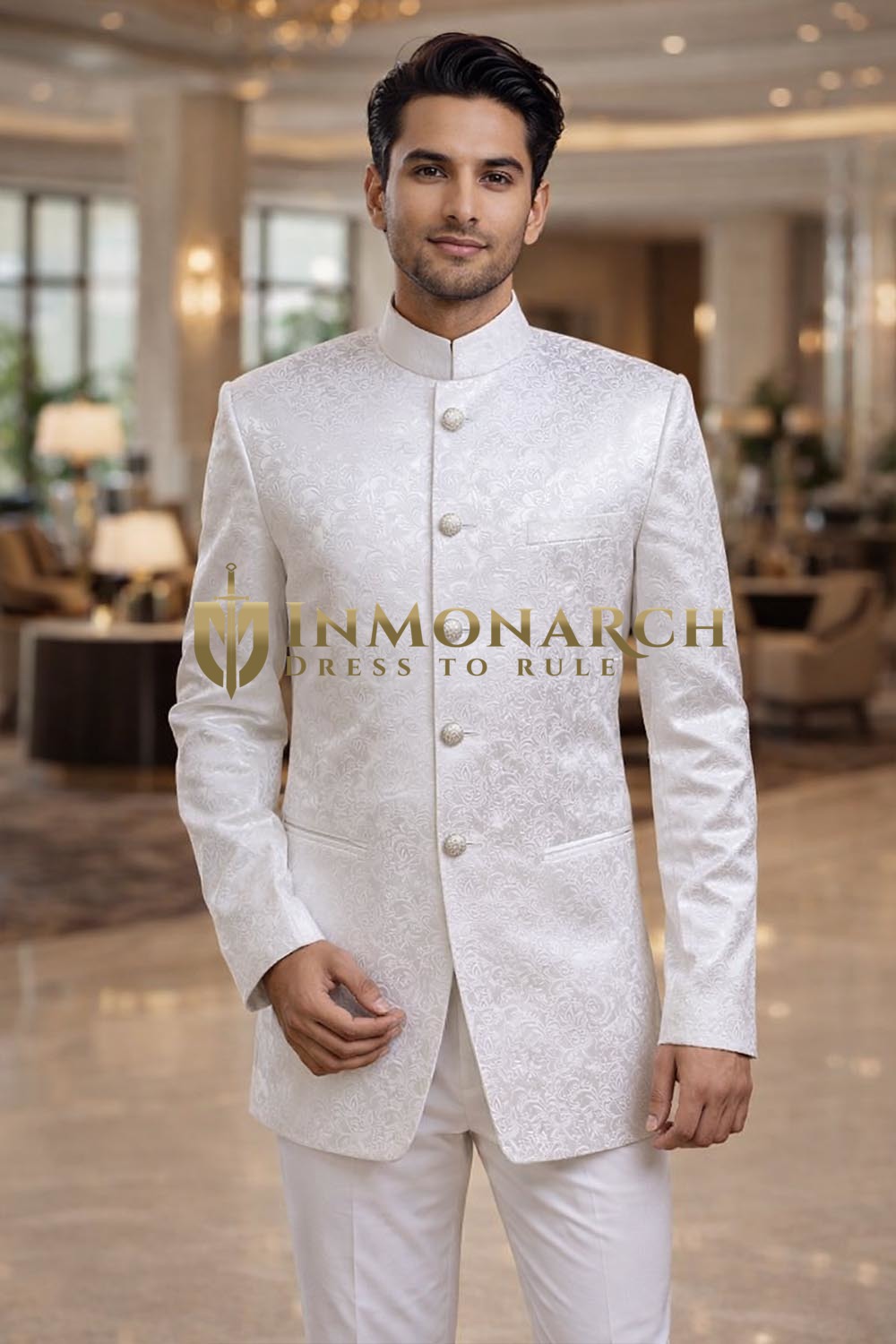 Costume Nehru blanc élégant 2 pièces