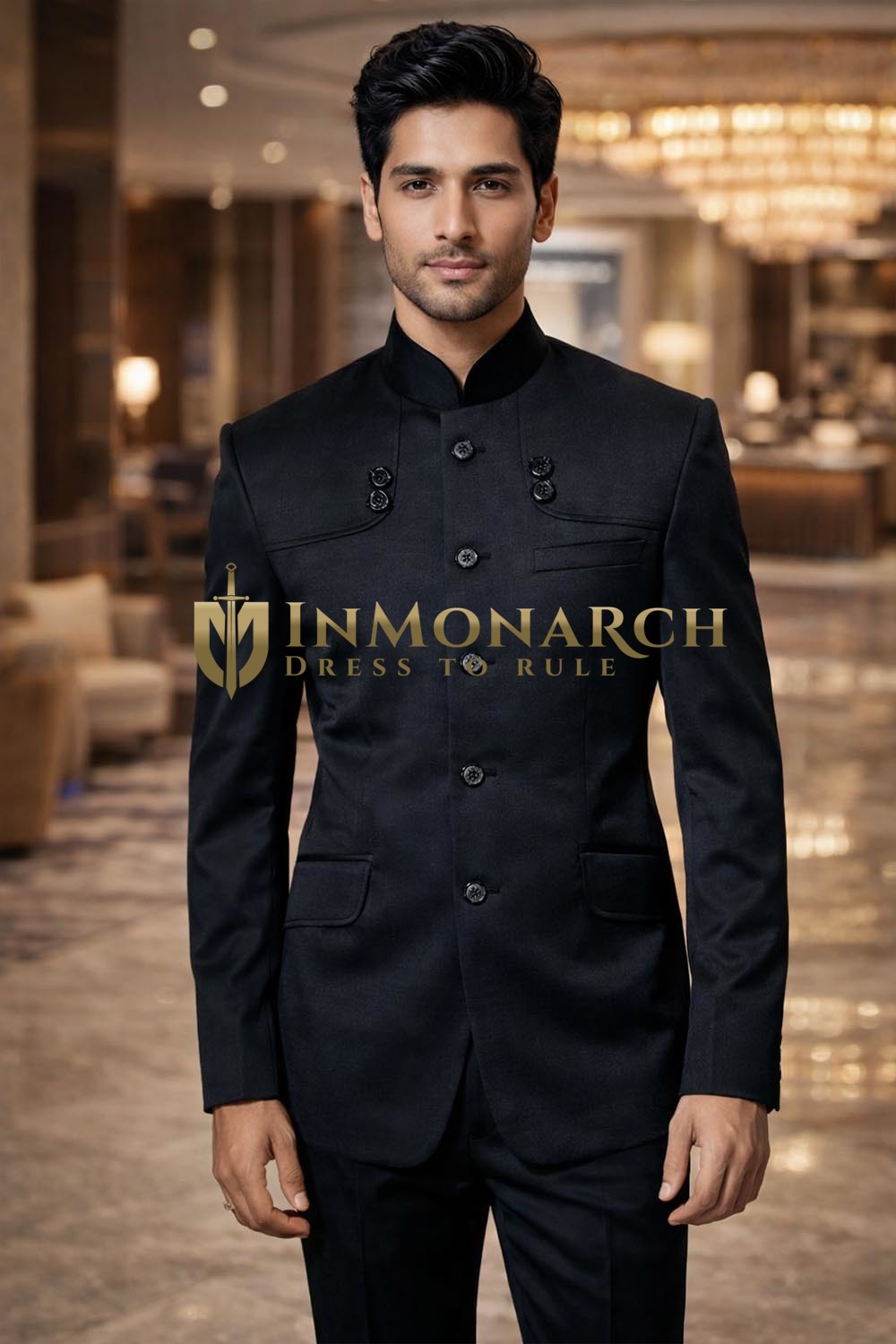 Mens Black Nehru Collar 2pc Suit Designer 5 Button Wedding Attire