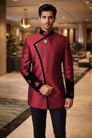 Costume Nehru bordeaux 3 pièces chic