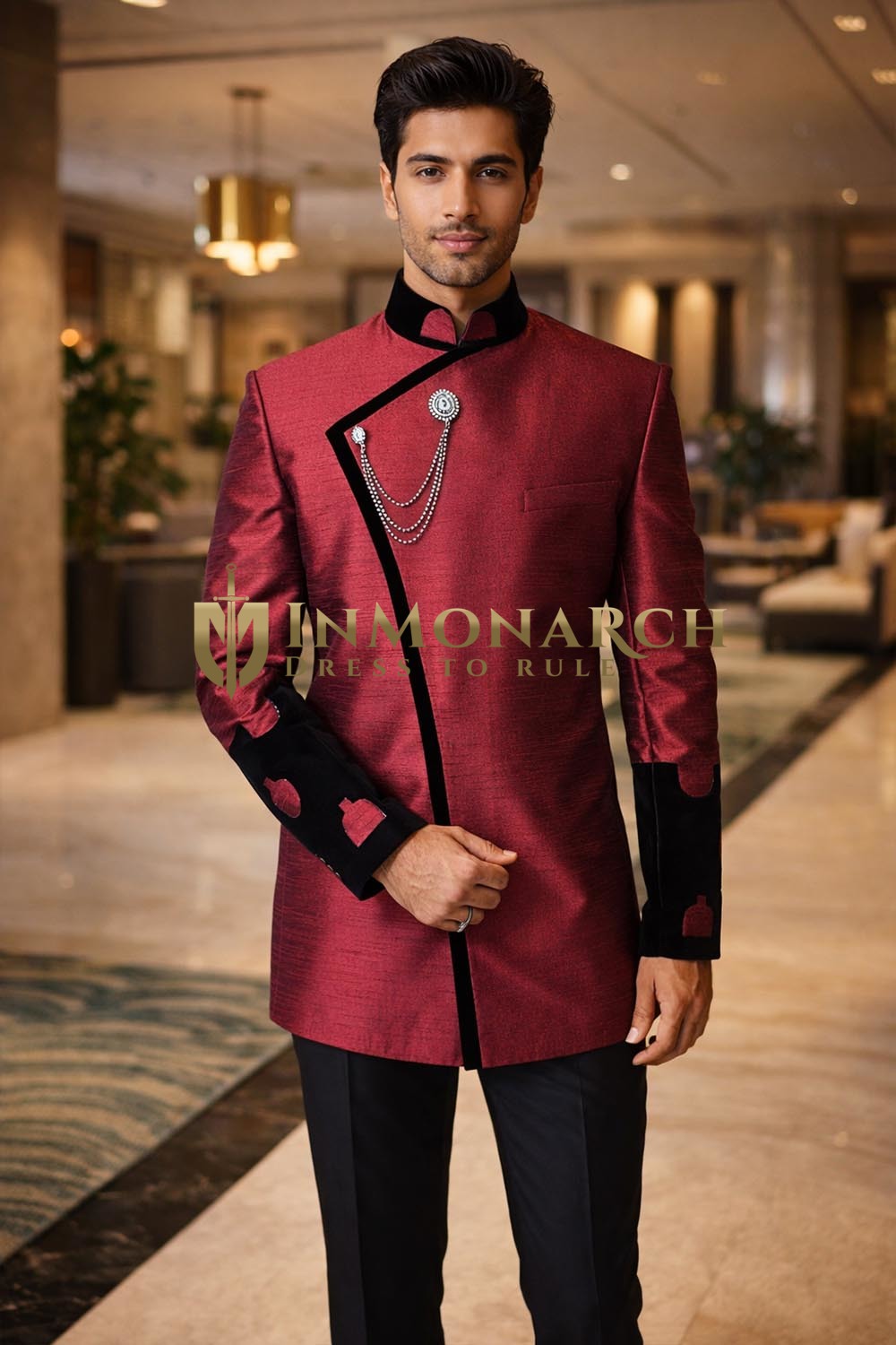 Mens Maroon Dupion 3pc Nehru Suit Velvet Trim Wedding Designer Attire