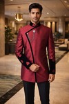 Mens Maroon Dupion 3pc Nehru Suit Velvet Trim Wedding Designer Attire