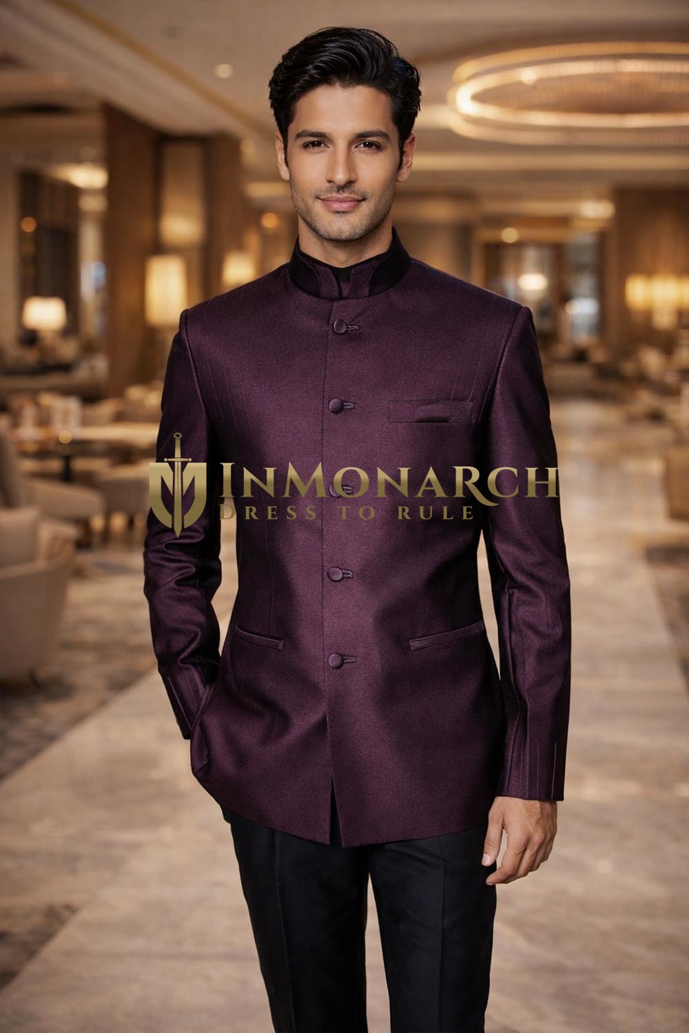Traje Nehru burdeos diseñador elegante