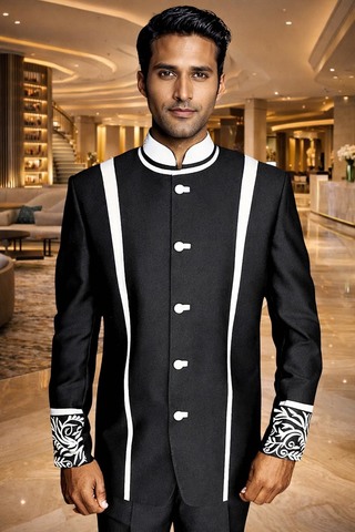 Costume Nehru noir satin argenté