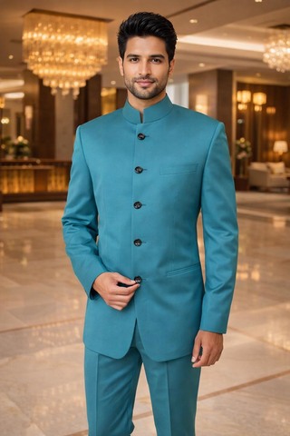 Mens Teal Blue Nehru Collar 2pc Suit Classic Wedding Formal Attire