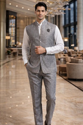 Traje chaleco Nehru tradicional gris lino