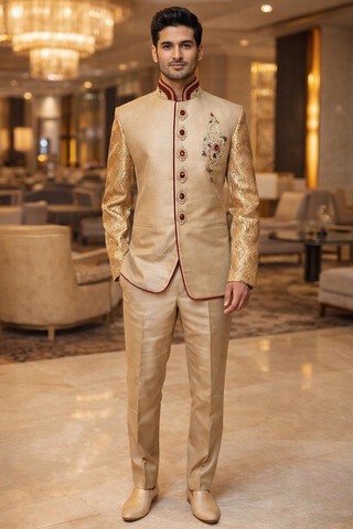 Mens Tan Brocade Nehru Collar 2pc Suit Royal Wedding Formal Attire