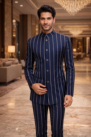 Mens Navy Blue Striped Nehru Collar 2pc Suit Wedding Formal Attire