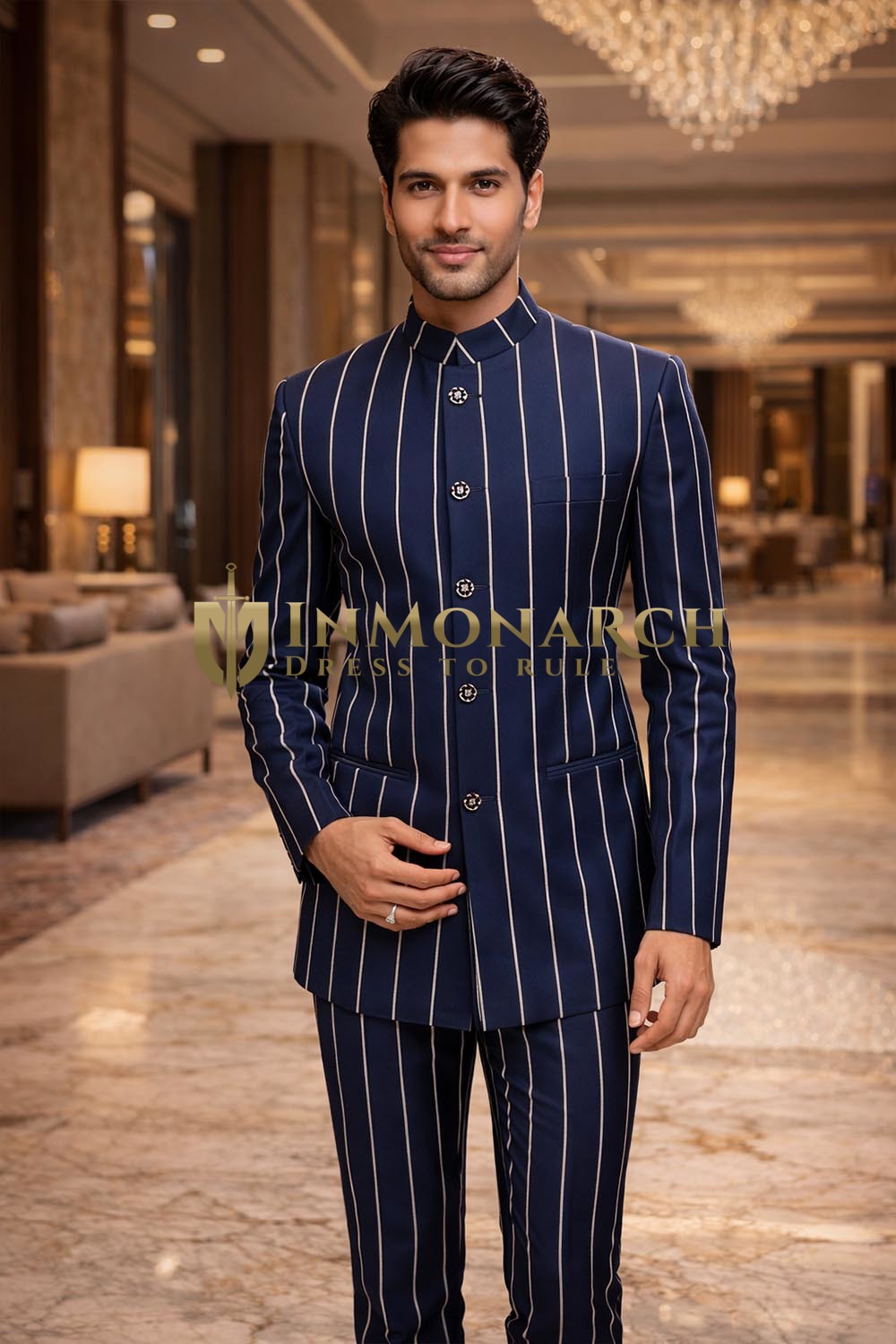Mens Navy Blue Striped Nehru Collar 2pc Suit Wedding Formal Attire