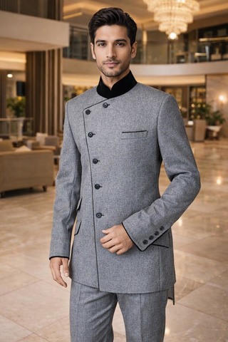 Mens Grey Tweed Angarakha Nehru Suit 2pc Groom Reception Attire