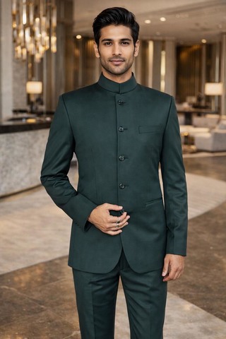 Mens Dark Green Nehru Collar 2pc Suit Traditional Wedding Attire