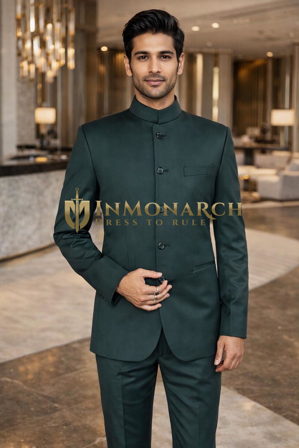Mens Dark Green Nehru Collar 2pc Suit Traditional Wedding Attire
