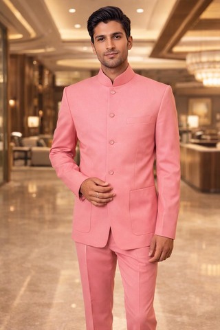 Mens Flamingo Pink Nehru Collar 2pc Suit Concealed Wedding Attire