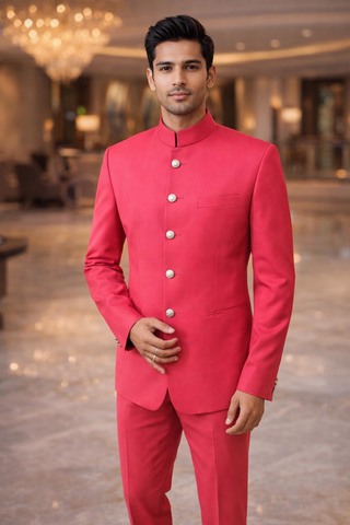 Mens Flamingo Red Nehru Jacket Suit 2pc Traditional Wedding Outfit