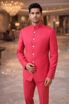 Mens Flamingo Red Nehru Jacket Suit 2pc Traditional Wedding Outfit