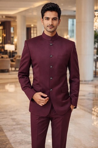 Mens Mulberry Nehru Collar 2pc Suit Classic Wedding Reception Outfit