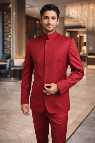 Mens Crimson Nehru Collar 2pc Suit Concealed Wedding Reception Attire