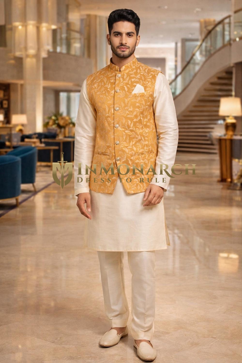 Gilet Nehru moutarde mariage homme