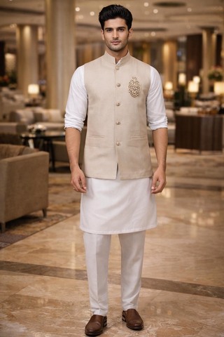 Chaleco Nehru Lino Natural Bordado